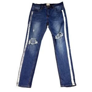 KDNK 11 4 14 11 Mens 34 X 31 Blue Distressed Jeans Skinny Ankle W/ Stripe Street